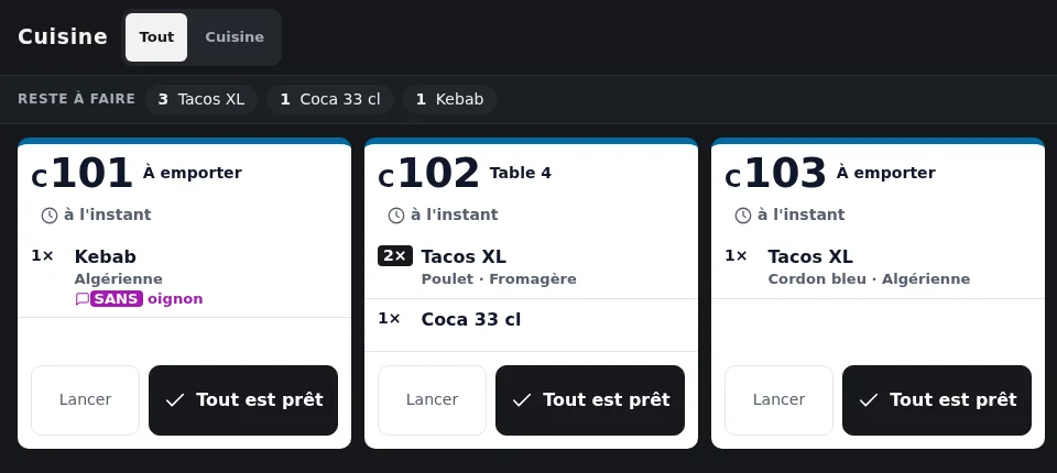 Écran cuisine : reste à faire 3 tacos XL, 1 Coca, 1 kebab. C 101 à emporter, un kebab sauce algérienne, SANS oignon en évidence ; C 102 table 4, 2 tacos XL ; C 103 à emporter. Boutons Lancer et Tout est prêt.