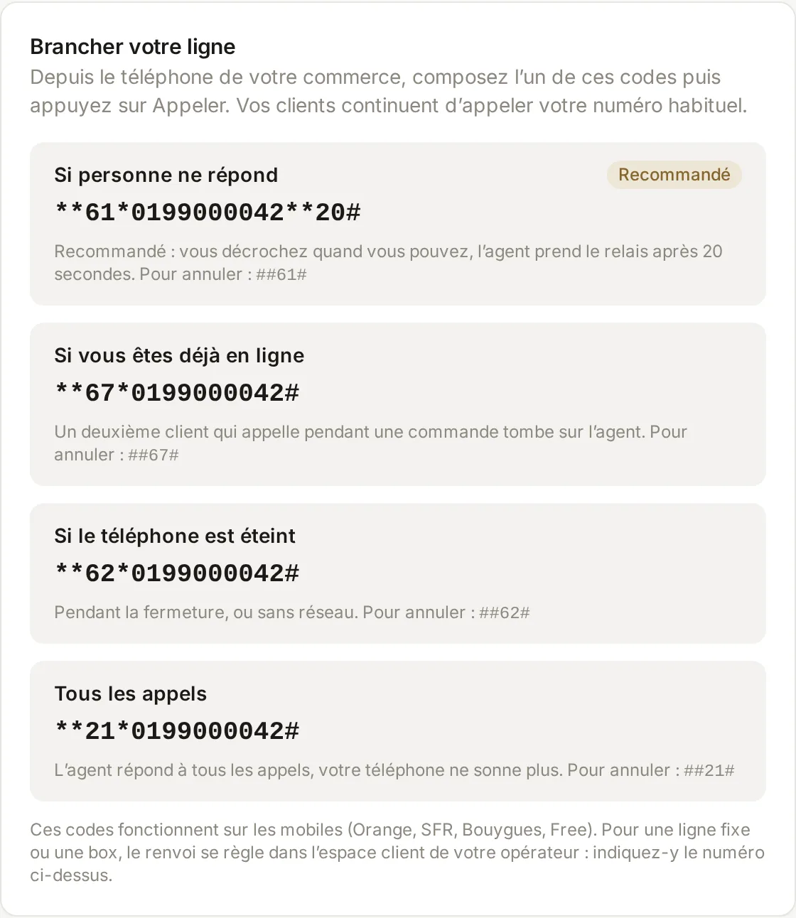 Carte Brancher votre ligne : quatre codes de renvoi vers le numéro de l'agent, 01 99 00 00 42. Si personne ne répond, recommandé : l'agent prend le relais après 20 secondes, annulation dièse dièse 61 dièse. Si vous êtes déjà en ligne. Si le téléphone est éteint. Tous les appels. Ces codes fonctionnent sur les mobiles Orange, SFR, Bouygues et Free.