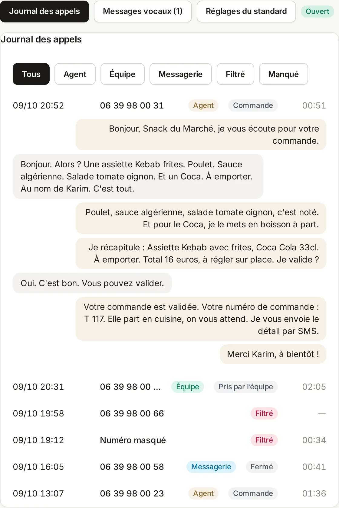 Journal des appels du vendredi 9 octobre, avec les filtres Tous, Agent, Équipe, Messagerie, Filtré, Manqué. L'appel de 20 h 52, pris par l'agent, une commande de 51 secondes, est ouvert sur sa conversation, de l'accueil au numéro de commande T 117. Suivent un appel pris par l'équipe, deux appels filtrés, un message laissé restaurant fermé et une autre commande.