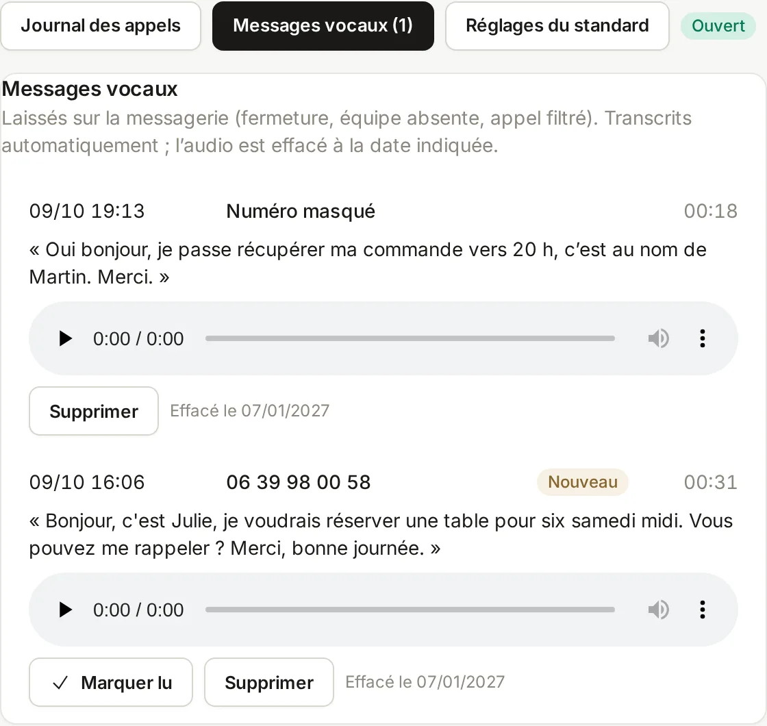 Onglet Messages vocaux : deux messages transcrits. À 19 h 13, numéro masqué, 18 secondes : « Oui bonjour, je passe récupérer ma commande vers 20 h, c'est au nom de Martin. Merci. » À 16 h 06, 31 secondes, nouveau : « Bonjour, c'est Julie, je voudrais réserver une table pour six samedi midi. Vous pouvez me rappeler ? Merci, bonne journée. » Chaque message a son lecteur audio et sa date d'effacement.