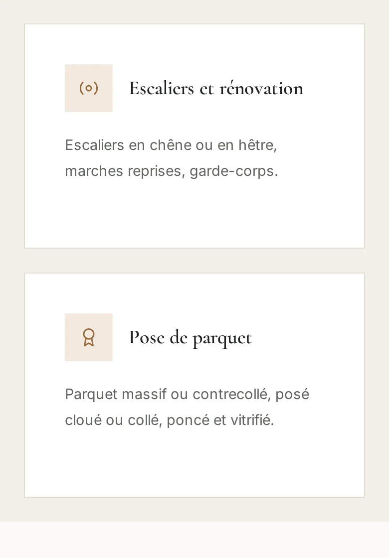 Après la demande, au même endroit : « Escaliers et rénovation » est suivie d'une nouvelle carte, « Pose de parquet », avec le texte « Parquet massif ou contrecollé, posé cloué ou collé, poncé et vitrifié. »