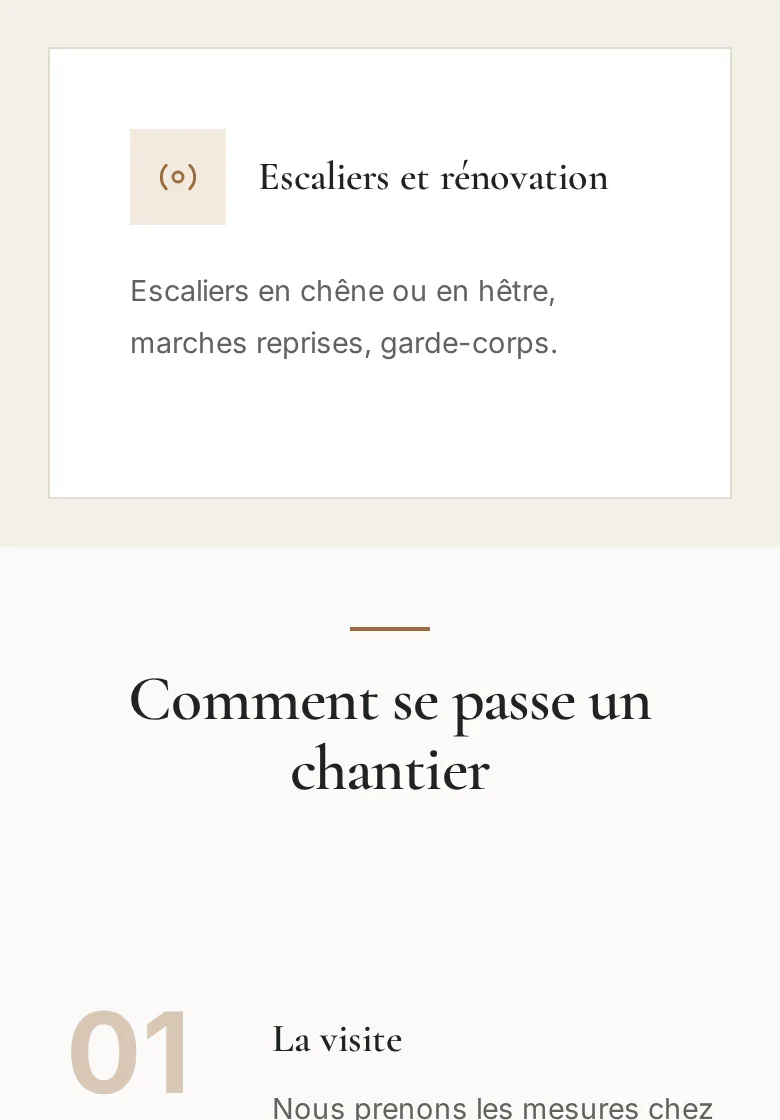 Avant la demande, au téléphone : la dernière prestation est « Escaliers et rénovation », puis vient la section « Comment se passe un chantier ».